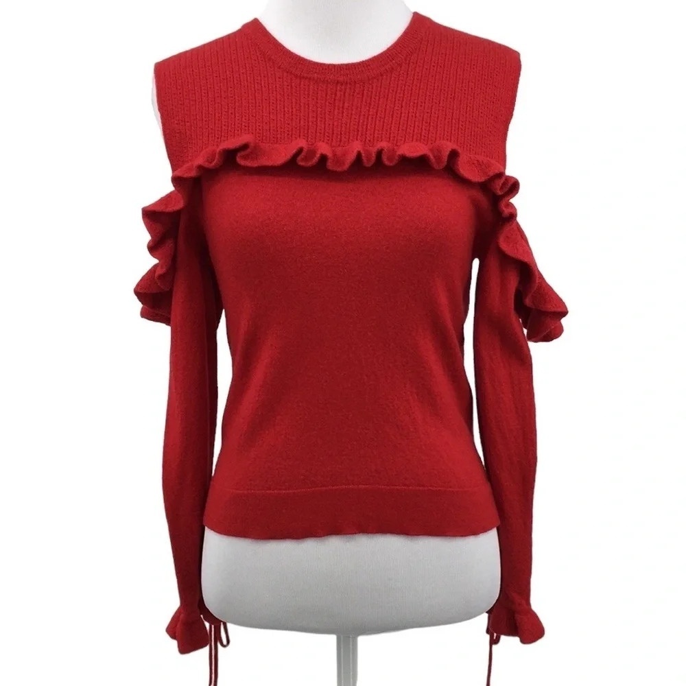 The Kooples Red Knit Ruffle Cold Shoulder Merino Sweater Womens Pullover